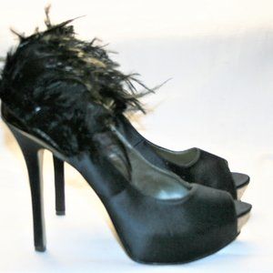 Enzo Angiolini Torrez Black Satin & Feathers Open Toe Pumps Size 11 M